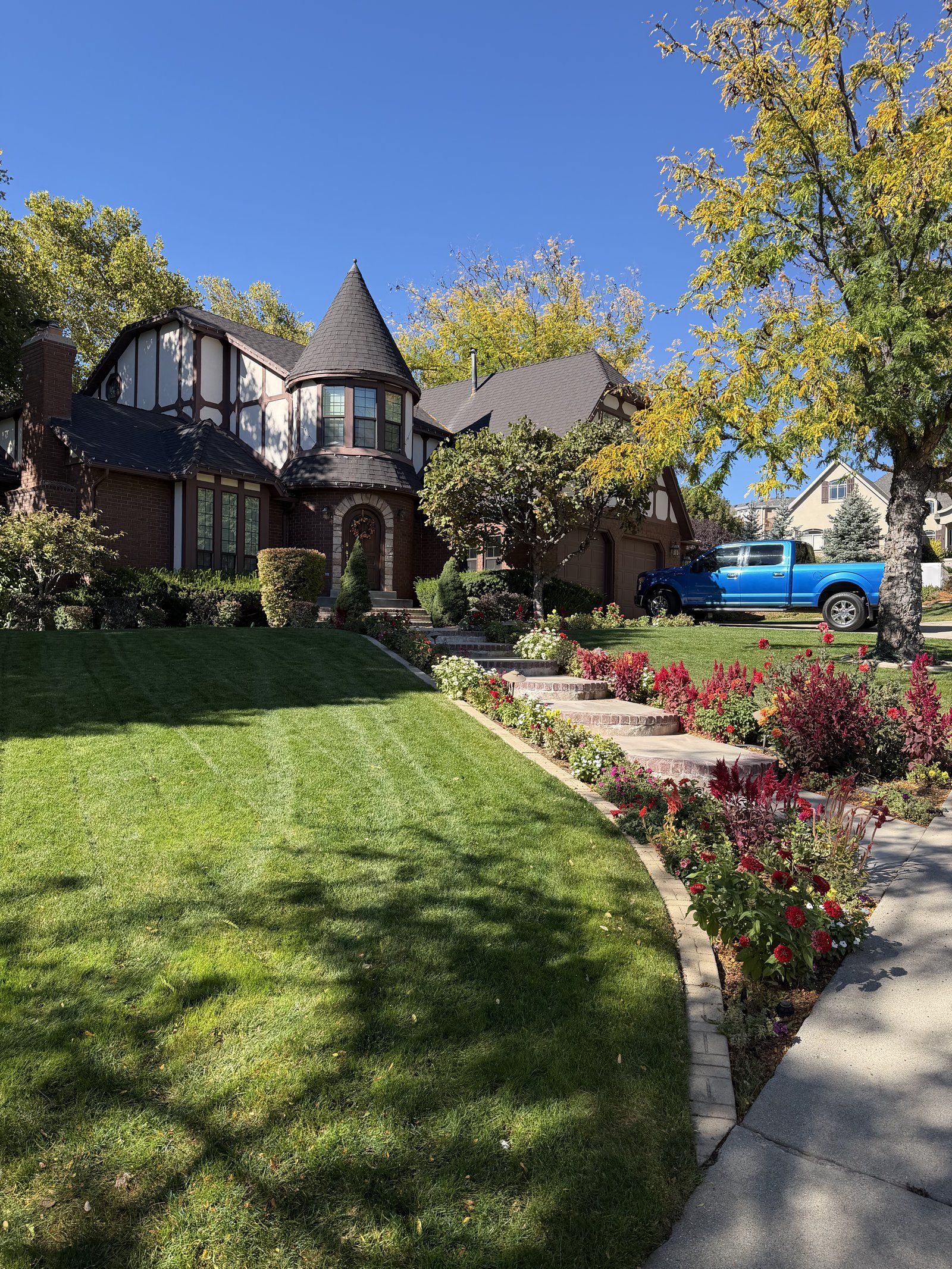 The same Utah County front lawn in October, thick and green under the tree after a season of Lawn Doctor treatments.