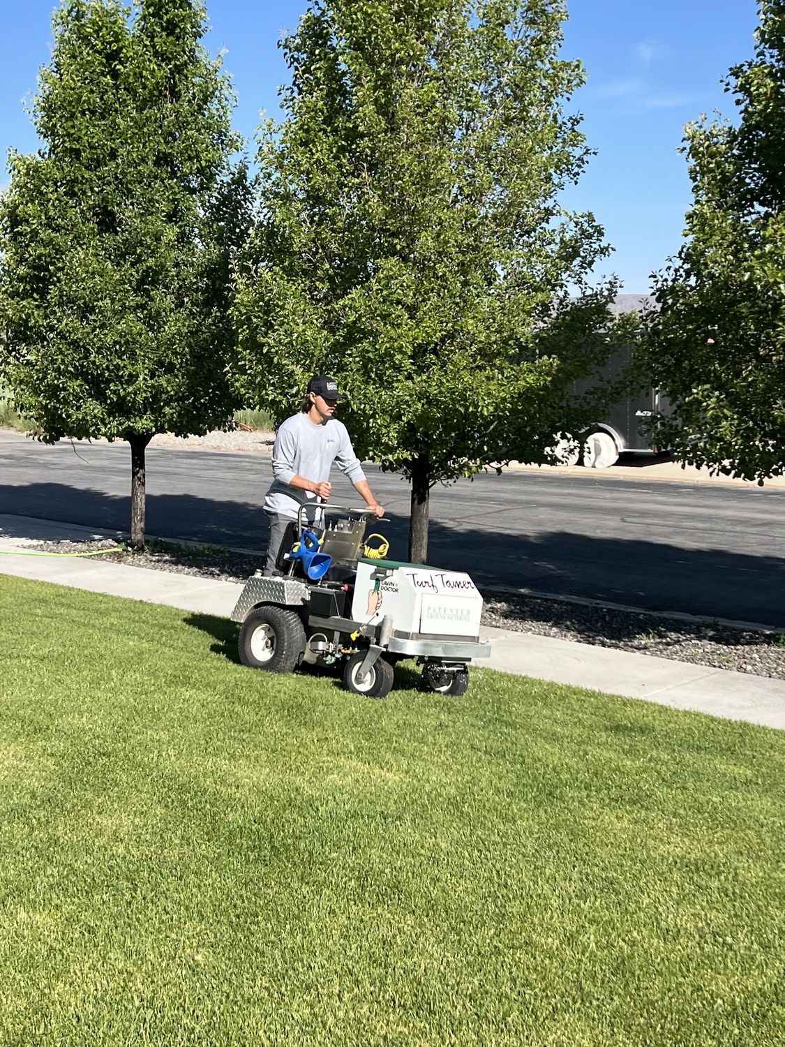 Lawn Doctor technician treating a lawn beside a row of trees